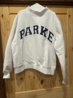 PARKER White Mock Neck Sweatshirt with Navy Script